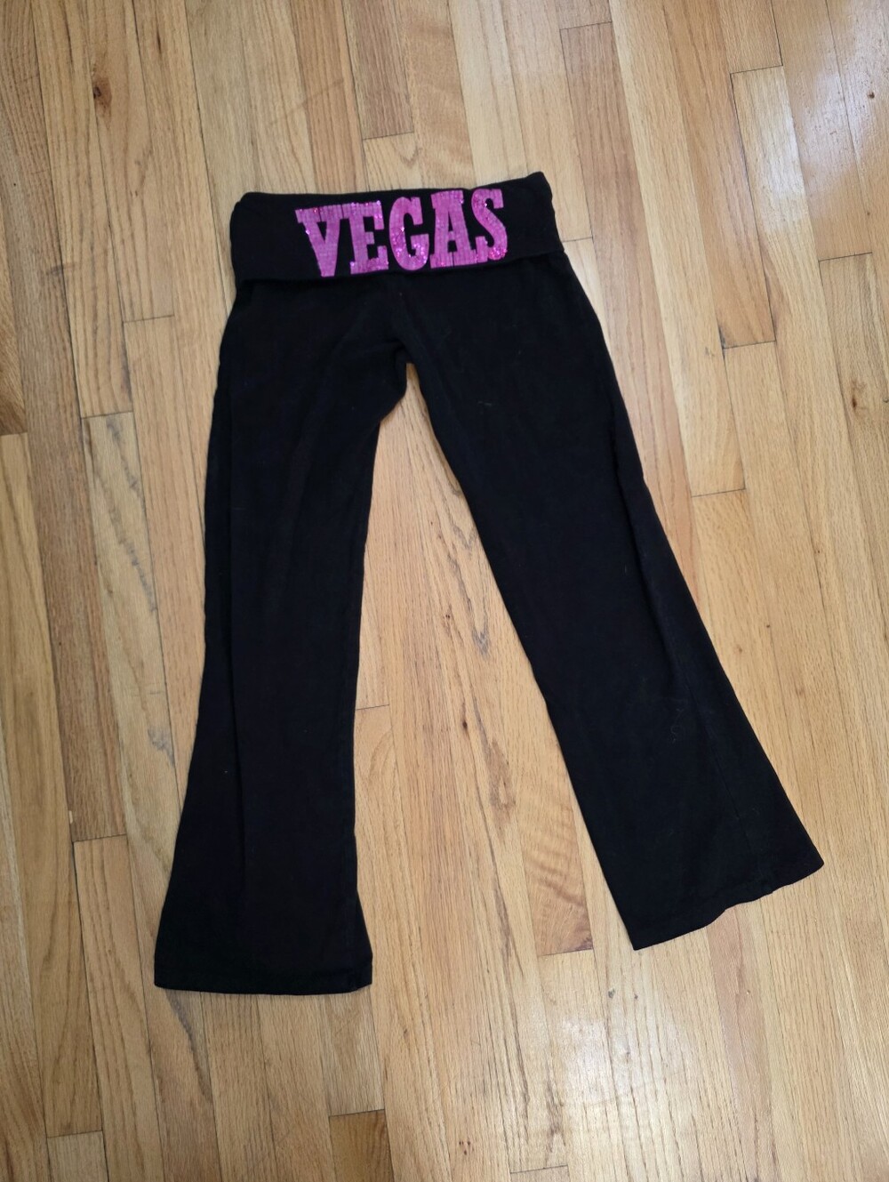 Vtg 90s Y2k Black Pink Bling Vegas Logo Wear Code Foldover Yoga Pants Kick S